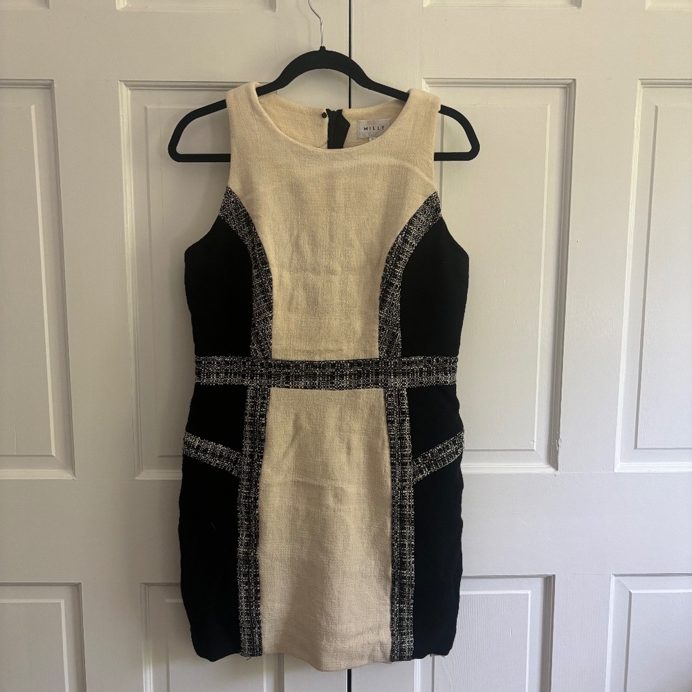 Milly cream gray and black structured dress, size 12